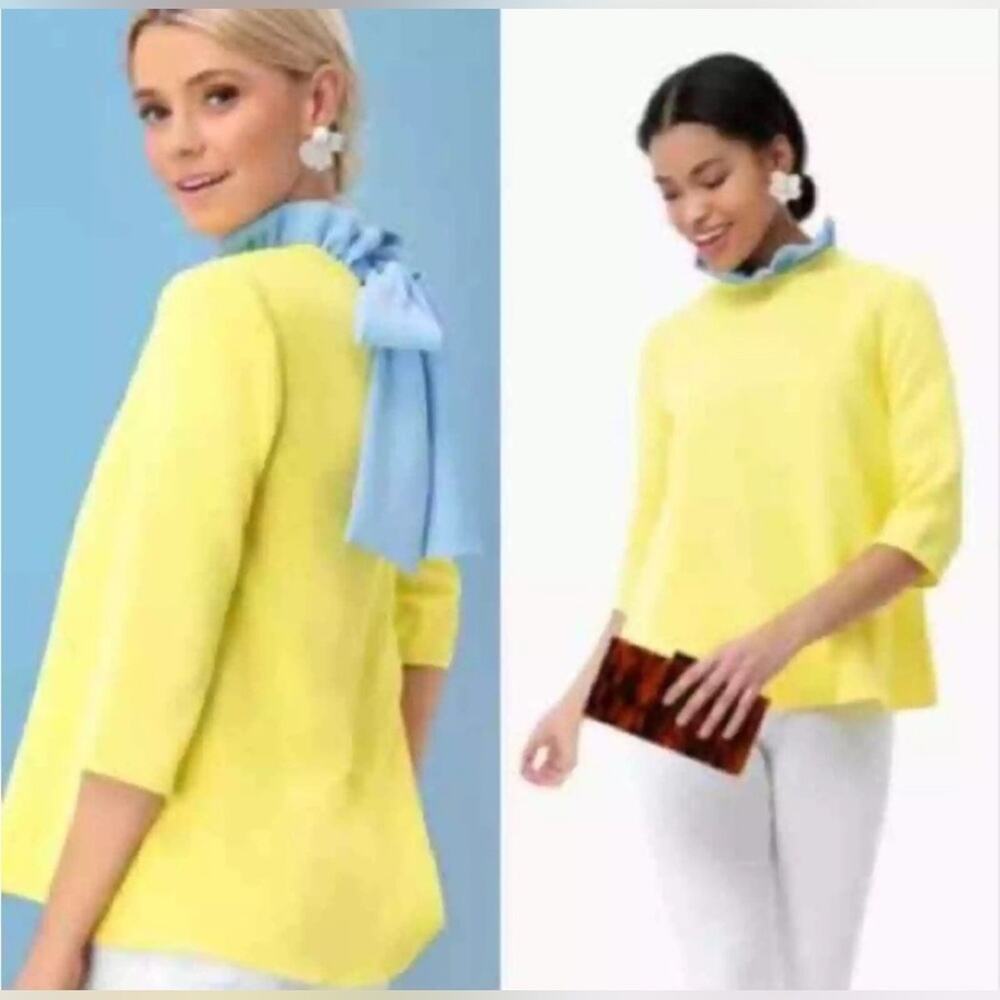 Pomander Place Faye Blouse Women S Yellow Blue Excellent Ruffle Neck Tie Back